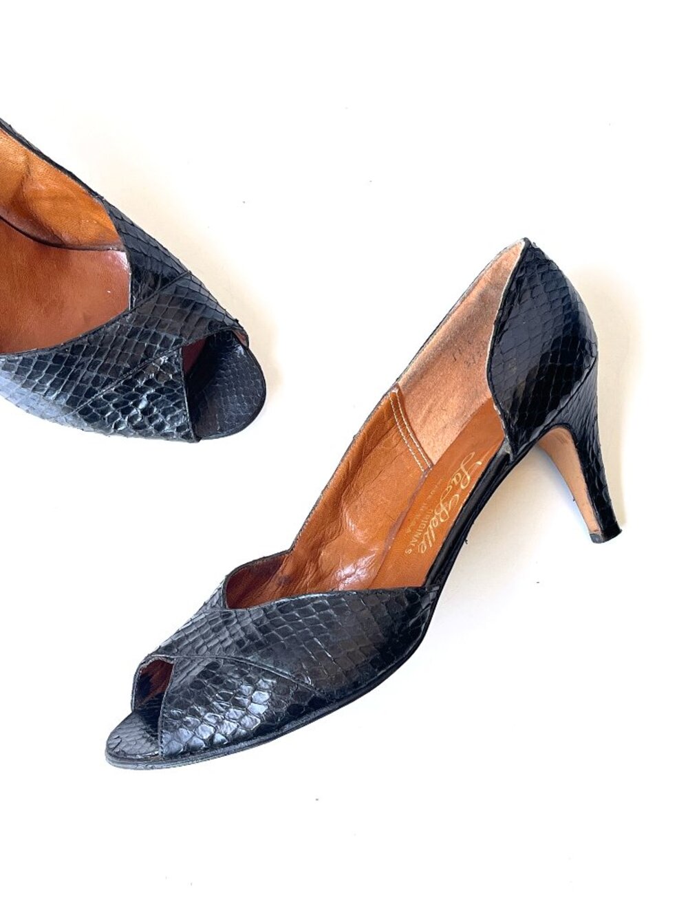 Vintage La Belle Black Reptile D'Orsay Peep Toe Stiletto Kitten Heels Size 11